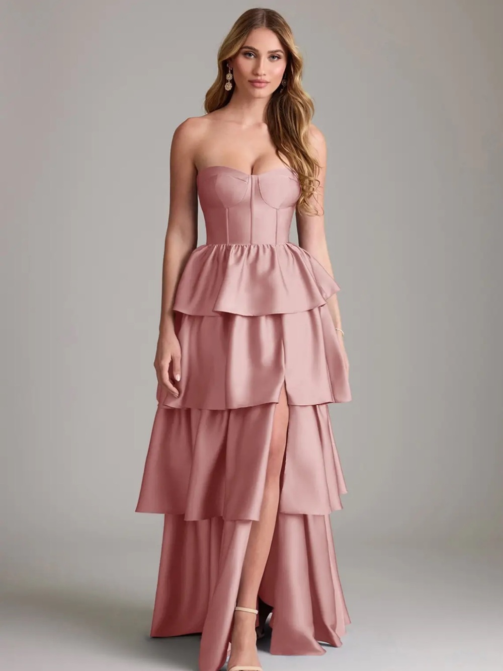 Azazie Strapless Tiered Satin Gown in Dusty Rose